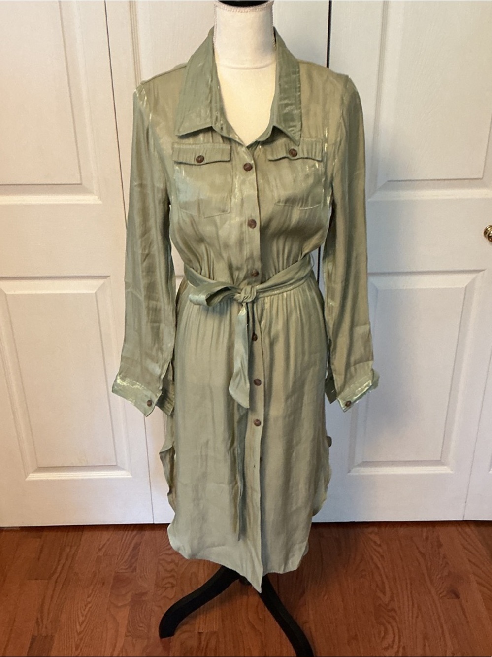 Satin Tie-Waist Long Sleeve Shirt Dress - Sage Green